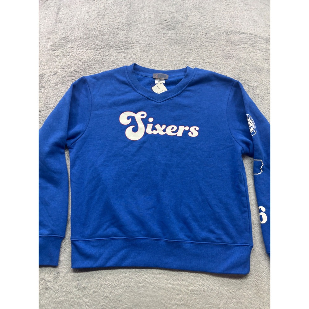 NBA Philadelphia 76ers Royal Blue V-Neck Boxy Sweatshirt Womens Medium NWT